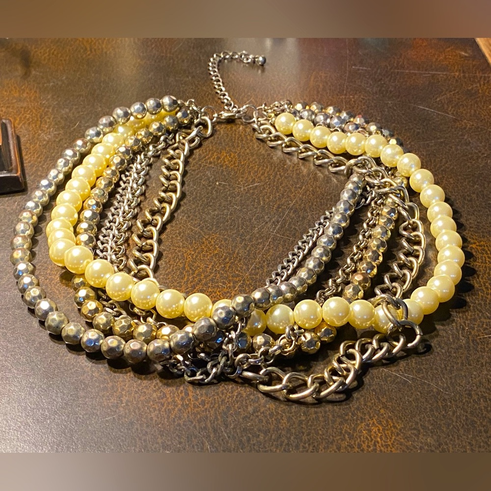 Vintage Premier Jewelry necklace, multiple strands,faux pearl,chains,brass beads